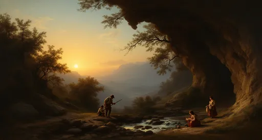Prompt: A classical landscape painting that captures a serene, idealized natural setting in the style of the 19th-century realism.
The scene depicts a tranquil and picturesque valley at dusk, as suggested by the warm, golden light of the sky on the left side of the painting. The composition is rich and balanced, using natural framing through rock formations and overhanging trees that guide the viewer’s eye deeper into the landscape.

In the foreground, on the lower right, a group of four figures — likely peasants or shepherds — are gathered near a stream or small river with gentle cascading water over rocks. One man appears to be using a long stick or fishing spear, while another tends to a small dog. A woman kneels, possibly washing something in the water, and another woman stands nearby holding an object, possibly a basket or cloth. Their clothing suggests a rural, pastoral lifestyle.

The cave-like overhang on the right adds dramatic contrast and depth, casting shadows over the figures. This creates a striking chiaroscuro effect, highlighting the human activity in the shade against the sunlit background.

The middle ground features a lush landscape with trees of various sizes, their leaves tinged with warm hues, indicating either early autumn or the golden light of sunset. A stream winds through the valley, its movement implied by the placement of rocks and light reflections.

In the background, nestled atop a hill, is a distant village or castle partially enveloped by mist or soft light. The mountainous terrain beyond adds a sense of scale and majesty to the scene, reinforcing the sublime beauty of nature that was a key theme in classical landscape art.

The artist’s use of light, composition, and detail invites the viewer to contemplate both the beauty of the natural world and the simple life of those who inhabit it.