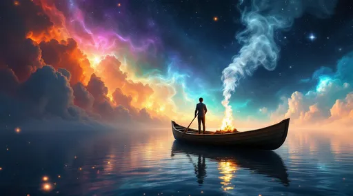 Prompt: A surreal and imaginative scene that blends cosmic wonder with dreamlike fantasy.
A man stands in a small wooden rowboat, floating not on water but through a vast, celestial sea of vibrant colors and swirling cosmic clouds. The boat appears suspended in midair, navigating a dreamy, otherworldly space. Smoke billowing from a small fire lit in the boat .
The backdrop is a spectacular explosion of colors—vivid oranges, reds, yellows, and golds dominate the lower half of the scene, resembling a fiery sunset or the swirling gases of a nebula. The upper part transitions into deeper hues—cool blues, greens, purples, and blacks—evoking the cold vastness of outer space. White and pale pastel clouds curl and billow throughout the sky, blending seamlessly with the other colors in an almost painterly fashion.
Tiny points of light scattered across the dark background resemble stars, enhancing the illusion that the boat is drifting through the universe rather than an earthly body of water. The lighting is soft and ethereal, with warm highlights reflecting subtly off the figures and the edge of the boat, creating a gentle glow that contributes to the dreamlike atmosphere.
The overall mood of the painting is one of exploration, solitude, and wonder. The man and his dog seem to be on a surreal journey through an infinite, mysterious dimension. The image evokes a sense of boundless possibility, a quiet adventure beyond time and space.


