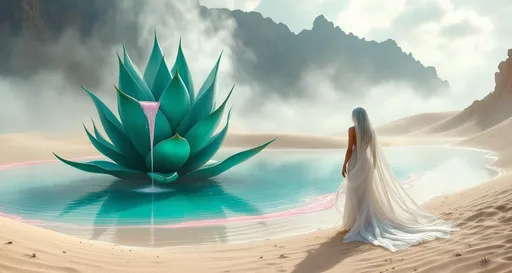 Prompt: Sand dunes . A goddess dressed in flowing white veils stands gracefully gazing at a giant , magical turquoise agave with coiled leaves that grows in a turquoise lake. Mist. A cascade of pink liquid flows down the agave's leaves creating an ethereal atmosphere . Steam rising from the agave . Sandy cliffs. The entire scene is shrouded in mist with clouds drifting gently above the sand .