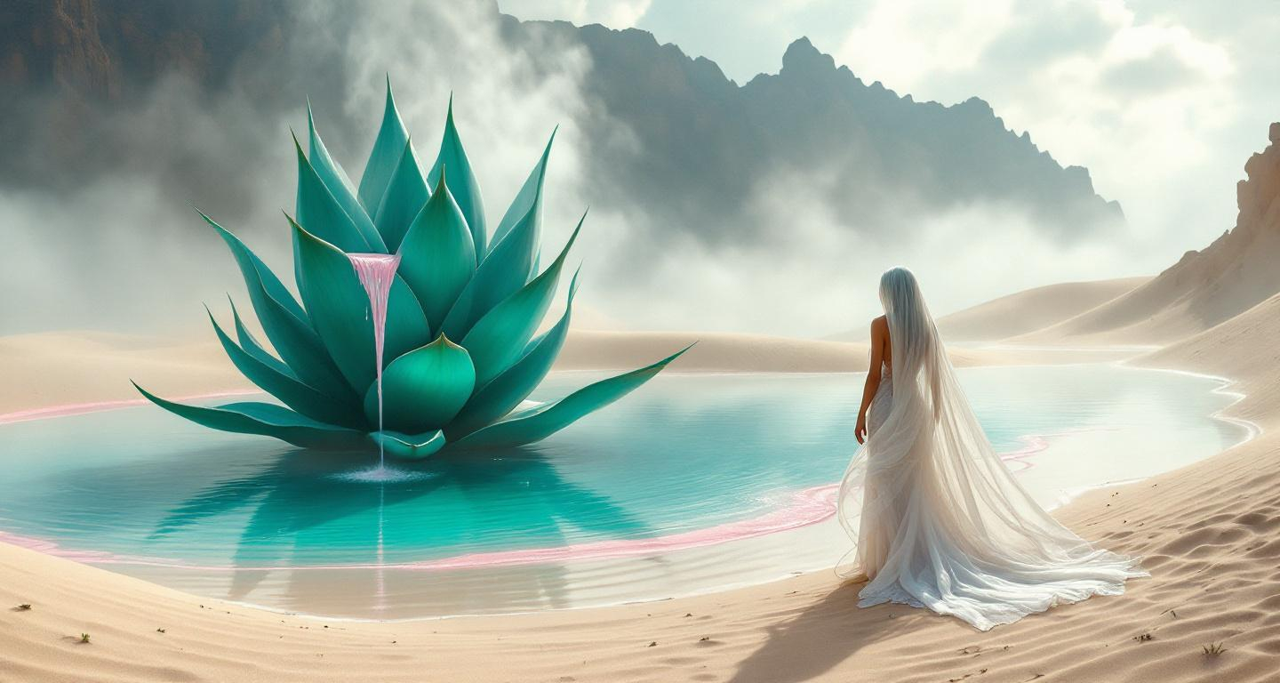 Prompt: Sand dunes . A goddess dressed in flowing white veils stands gracefully gazing at a giant , magical turquoise agave with coiled leaves that grows in a turquoise lake. Mist. A cascade of pink liquid flows down the agave's leaves creating an ethereal atmosphere . Steam rising from the agave . Sandy cliffs. The entire scene is shrouded in mist with clouds drifting gently above the sand .