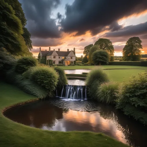 Prompt: in far distance a small waterfall falling into a lake lit by sunset .  A small english  manor  .  Dramatic sky