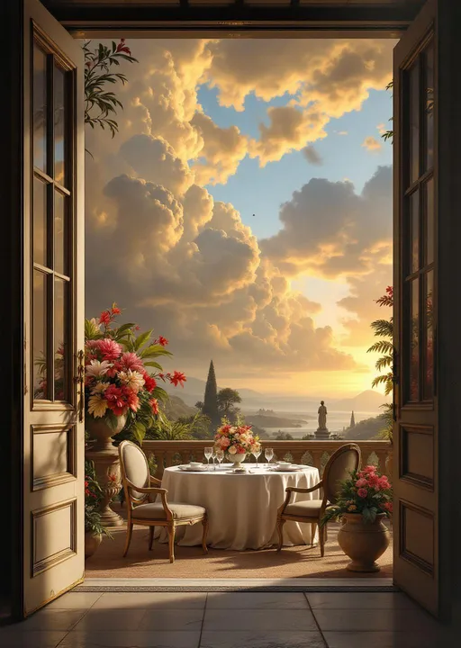 Prompt: A perspective through two opened grand doors leading to a big balcony of a grand palace with an ornate stone balustrade adorned with stone urns filled with flowers . The balcony features big pots with lush tropical plants and flowers and a royal dining table with elegant parlor chairs. On the table there is a vase with a rich mix of flowersvand a luxurious crystal tableware set. A lyrebird perched on a branch . In front of the palace a lush garden is visible with a fountain and a statue. The most striking element is the sky . Thick, billowing clouds stretch across the sky, heavy and textured with tones of grey, brown, and hints of blue. These clouds seem to part just enough to reveal a glowing band of soft, golden-yellow light near the horizon, suggesting either a sunrise or a sunset. This light gently spills across the landscape, casting a muted radiance that enhances the depth and mystery of the scene. The style of 19th-century realism.