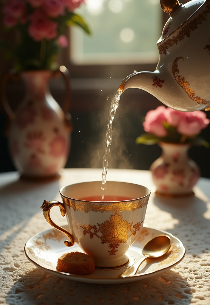 Prompt: A scene in a opulent royal dark room with a partially visible ornate porcelain steaming pot with golden patterns  pouring tea into a ornate delicate porcelain cup with golden floral patterns placed on a matching saucer . Near saucer an ornate golden teaspoon . A white lace tablecloth on the table . The background is softly blurred with warm , inviting tones creating a comforting atmosphere . A vase with pink flowers sits on the table . A small piece of biscuit rests on the saucer . The dim light coming from a window highlights the golden color of the tea as it flows into the cup and illuminates the dust particles in the air