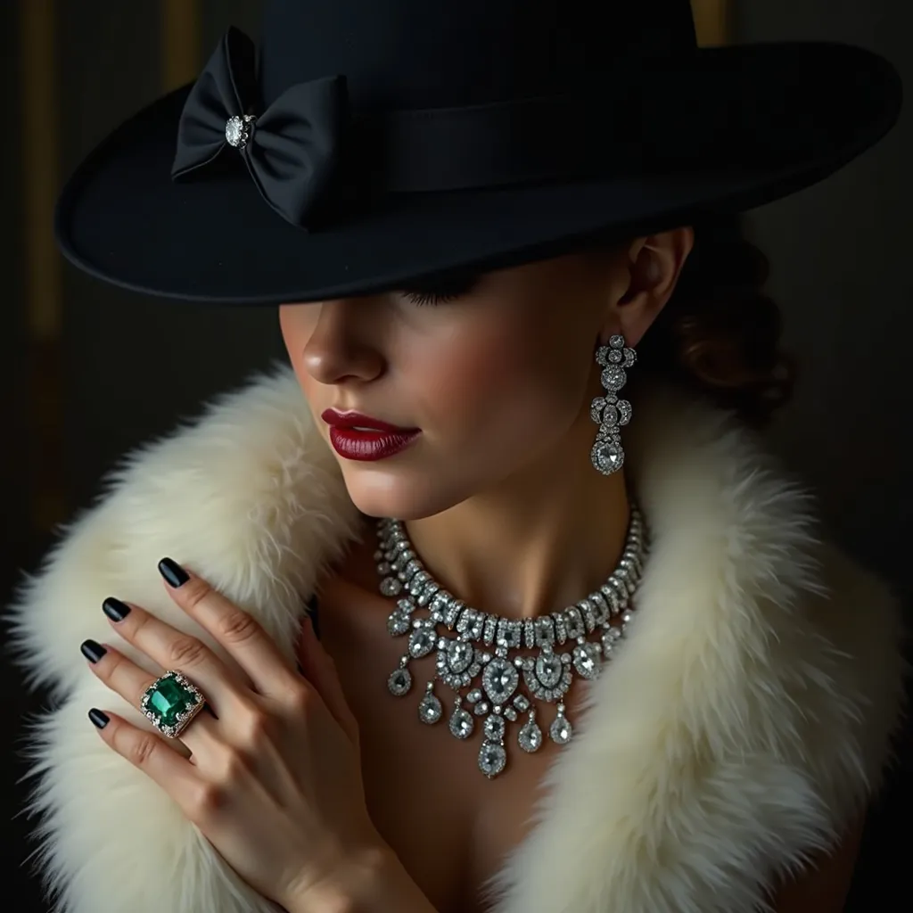 Prompt: A stunning woman with elegant makeup , her eyes look down and her face is masked by a black wide-brimmed hat with a bow . She wears a dazzling diamond necklace around her neck and matching diamond earrings . Her hand adorned with a large emerald ring rests gracefully on a luxurious white fur collar  . A single dim source of light in the room , high contrast between light and shadow , dramatic lighting