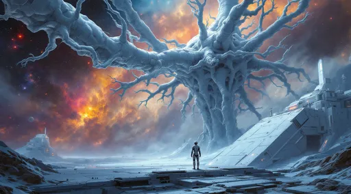 Prompt: A massive interconnected neural-like structure made of white material stretching across space. It levitates above a giant white sci-fi platform covered with panels and antennas illuminated sparsely by a few small orange lights extending beyond the horizon . A white humanoid robot stands on the platform gazing upward at the neural structure . The background is a vibrant nebula with deep space colors including fiery oranges , blues and cosmic dust .