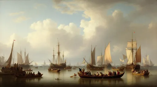 Prompt: A serene maritime scene, likely from the 17th or 18th century, judging by the style and the types of vessels portrayed. The overall tone is soft and muted, rendered in earthy browns, greys, and delicate blues.
In the foreground, several long wooden boats, each filled with groups of people, are gently floating on calm water. These figures appear to be either rowing or seated passively, perhaps preparing to disembark or observing the busy harbor. The detailing of the figures is impressionistic but clear enough to identify groups of individuals, some possibly sailors or passengers.
Centrally and extending toward the horizon, a collection of larger sailing ships with tall masts and prominent sails dominate the scene. The sails vary in color—from light beige to a deeper, reddish brown—and are either unfurled or being managed by crew members. Some ships are clustered close together, indicating a busy port or anchorage.
The sky takes up more than half of the composition and is a dramatic feature of the painting. It is filled with voluminous clouds in shades of white, grey, and brown, suggesting a moody atmosphere—perhaps just after a storm or during an early morning calm. Patches of soft blue sky peek through the clouds, adding a sense of depth and tranquility.
The water below reflects the sky and the vessels, with slight ripples, indicating very calm weather. The reflection is particularly striking as it mirrors the forms and colors of the boats and figures, enhancing the atmospheric realism of the scene.
Overall, the painting captures a peaceful yet industrious moment in a coastal or riverside setting, with a strong focus on the interaction between man, vessel, and nature. The composition, the balance of light and shadow, and the masterful rendering of clouds and reflections suggest the work of a skilled maritime artist, possibly from the Dutch Golden Age or an English school of marine painting.

