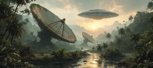 Prompt: Rusty, abandoned and overgrown with plants huge satellite dishes in the middle of lush tropical jungle. A misty swamp. Lush tropical plants and palms. Waterfalls. A massive spaceship with blue lights hovering in the air. Mist. Sunset. A painting in the style of 19th-century realism.