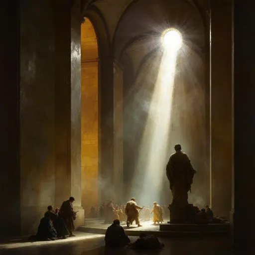 Prompt: A painting in the style of 19th-century realism. A close-up on a statue illuminated by a dramatic shaft of sunlight coming from an opening in the wall of a vast hall with arched ceiling piercing through the haze and cutting the darkness.