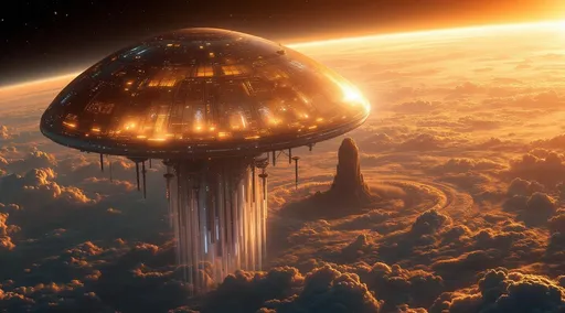 Prompt: A massive jellyfish-shaped sci-fi space station orbits just above an orange massive gaseous planet's atmosphere . Its upper half is a colossal, smooth metallic dome with a translucent sheen glowing softly with reflected starlight and the warm hues of the distant sun. The dome disperses streams of charged particles of solar wind in soft, swirling patterns of light across its curved surface. The surface is dotted with luminous panels, antennae and docking bays barely visible through the glimmer. Beneath the dome an intricate network of spires, suspended platforms and tubular structures cascades downward like tendrils- some glowing faintly blue or white others pulsating with the flicker of artificial life. These dangling elements evoke the appearance of a bioluminescent jellyfish. It is both majestic and haunting.  The planet below has a thick, swirling atmosphere filled with dramatic cloud formations resembling cyclones or massive storm systems. There's a particularly tall and dense cloud formation near the center-right casting a deep shadow across the cloud layers-implying scale and volume. The curvature of the planet is clearly visible with a distinct atmospheric glow transitioning from a deep blue near the horizon to the blackness of space. Above the planet in the far background another celestial body- a moon -appears partially illuminated adding depth and scale to the cosmic setting. A bright star or distant sun shines on the left side of the frame with lens flare and subtle blue glows. The clouds in the atmosphere are dramatically illuminated by the star casting long shadows.
