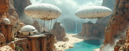 Prompt: Three white post-apocalyptic zeppelins that have an unusual almost organic-looking envelope made of what appears to be stitched or patched-together material giving it a rugged , improvised aesthetic . The zeppelins are suspended by ropes above futuristic white domed sci-fi buildings perched on towering, sandy cliffs with multiple waterfalls cascading down the edges . Mist rising from below . Mist . A turquoise lake. Sunlight . 
