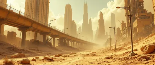 Prompt: A post-apocalyptic landscape where a city is swallowed by sand dunes. Collapsed and ruined elevated highways stretch across the scene. Skyscrapers stand in ruins their facades eroded covered by sand . Standing and broken streetlight poles. The blinding sunlight casts harsh glares across the desolate ruins creating sharp contrasts between shadow and blazing brightness. Fine sand blown by the wind sweeps across the scene. The city  is engulfed in clouds of dust raised by violent winds .