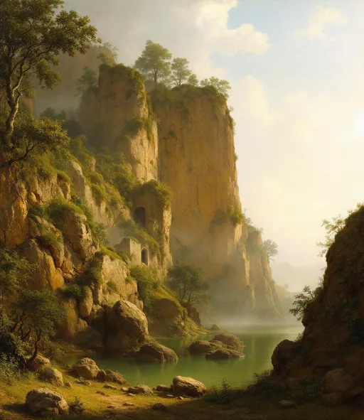 Prompt: A tall, arched, rocky cliff in the foreground covered with thickets and lush, small trees . Ruins . Mist. A green pool. Boulders. A painting in the style of 19th-century realism. Sunlight