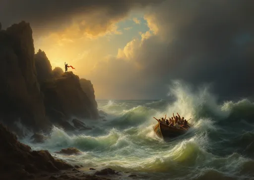 Prompt: A scene in the style of 19th-century realism a powerful example of Romanticism, portraying the immense force of nature and the vulnerability of human life. with a tumultuous sea crashes violently against massive, jagged cliffs under a stormy sky. The central focus is a group of people in a lifeboat, battling fierce waves as they struggle toward safety. The boat is tilted precariously, caught in the grip of the surging ocean. The figures inside are in various poses of desperation and effort — some rowing with all their strength, others pointing toward the shore, likely urging their companions onward or calling for help.

To the left of the composition, towering rocks rise from the swirling water. Atop one of these cliffs, bathed in a warm, golden light that breaks through the dark clouds, stands a figure holding a red cloth — possibly a rescuer signaling to the survivors. This warm light contrasts sharply with the cold, dark tones of the surrounding sea and sky, symbolizing hope and salvation amid chaos.

In the foreground, a broken piece of a ship's mast lies partially submerged, evidence of the wreck that has thrown these people into their life-threatening predicament. The foamy water and dramatic lighting evoke a sense of movement, fear, and urgency.

The sky is a mix of dark, brooding clouds and streaks of light that give the painting a dynamic, almost theatrical atmosphere. The use of color — dark blues, greens, and flashes of orange and white — enhances the emotional intensity of the scene.