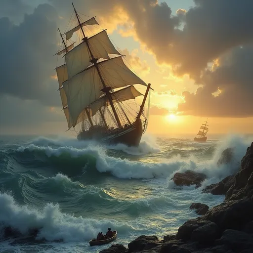 Prompt: Rough sea , huge waves , a tilted sail shipwreck with tight sails hit by a huge wave  ready to capsize , a rowboat full of survivors , waves hitting rocks , a broken mast coming out of the water , mist , glorious sunset , dramatic sky 