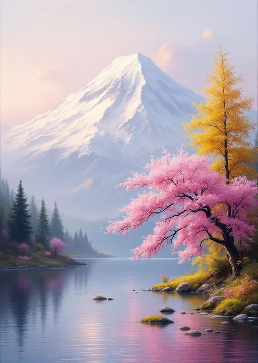 Prompt: A serene scene of a peaceful mountain landscape in the style of 19th-century realism.
A tranquil natural scene dominated by a majestic snow-capped mountain rising in the background. The mountain, covered in soft hues of white, lavender, and blue, is bathed in gentle sunlight that filters through a pastel sky. The sky above the mountain features light pink and soft blue tones, giving the impression of either sunrise or sunset. The light is diffused and dreamy, casting a calming glow over the entire landscape.
Below the mountain, a calm, glassy lake stretches across the foreground. The lake mirrors the surrounding colors and forms, creating a sense of stillness and quiet. Reflections of the mountain, sky, and nearby trees ripple softly across the surface of the water.
To the right of the composition, there is a lush area of vegetation, showcasing trees in vibrant spring bloom. A cluster of cherry blossom trees with vivid pink flowers dominates the lower right, adding a splash of bright, warm color. Beside them, a tall golden-yellow tree provides contrast and visual balance. Darker evergreen trees are interspersed in the scene, offering depth and variety in texture and tone.
In the distance, lining the edge of the lake at the base of the mountain, a forest of dark green coniferous trees stretches across the horizon. These trees are shrouded in a soft, bluish mist that blends them into the lake and mountain backdrop, enhancing the ethereal quality of the scene.
The brushstrokes are soft, flowing, and impressionistic, with visible texture that gives the artwork a painterly, dreamlike quality. The artist uses gentle transitions of color and light to create harmony and evoke a sense of peace, beauty, and connection with nature. This painting conveys calmness, tranquility, and the quiet majesty of untouched natural beauty
