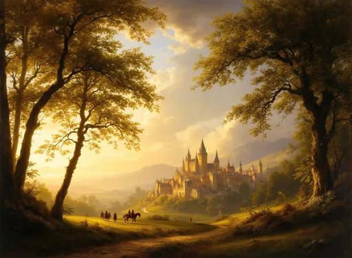 Prompt: A breathtaking view of a serene, almost dreamlike landscape at dusk in the style of 19th-century realism as indicated by the soft golden light that permeates the scene. In the foreground, tall trees with richly detailed foliage frame the composition on both the left and right sides. The sun's rays filter gently through the branches, casting long, warm shadows and creating a contrast between light and dark areas.

At the center of the scene, slightly to the left, a medieval town or castle is nestled among the trees and hills. Its architecture is marked by pointed towers and stone buildings, suggesting a setting in Europe, perhaps near the Rhine River. The warm light reflects off the rooftops and walls, lending a glowing, almost magical quality to the structures.

Below this, a winding path leads into the painting, guiding the viewer's eye from the foreground to the middle distance. Along the path, several figures on horseback and on foot are visible. They seem to be travelers or villagers, perhaps journeying toward the town. Their presence adds a sense of life and movement to the otherwise still scene.

To the right, a calm river winds its way through the landscape. Boats with sails can be seen on the water, either anchored or slowly drifting, indicating commerce or transportation. The river reflects the light of the sky and the surrounding hills, enhancing the tranquil atmosphere.

In the background, majestic mountains rise under a sky tinged with soft pink and orange hues. Wispy clouds float gently above, and a flock of birds can be seen in the distance, further emphasizing the peaceful and harmonious mood.

The scene masterfully combines natural elements with human presence, showcasing a romantic ideal of harmony between man and nature. The use of light, shadow, and detail evokes a sense of nostalgia and timeless beauty. 