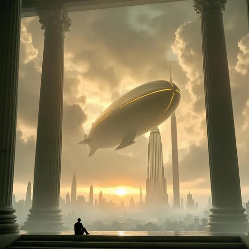 Prompt: A perspective framed by four enormous Greek columns from an open platform overlooking a cloud-covered city with towering skyscrapers . One column partially visible stands prominently in the foreground while the other three recede into the background. Rising from the misty cityscape a towering Art Deco skyscraper dominates the skyline . Above, partially visible between the columns , in the foreground , a massive retro-futuristic metallic airship floats silently . A lone man sits on the base of one of the columns gazing contemplatively at the breathtaking view. The most striking element is the sky . Thick, billowing clouds stretch across the sky, heavy and textured with tones of grey, brown, and hints of blue. These clouds seem to part just enough to reveal a glowing band of soft, golden-yellow light near the horizon, suggesting either a sunrise or a sunset. This light gently spills across the landscape, casting a muted radiance that enhances the depth and mystery of the scene. The style of 19th-century realism.