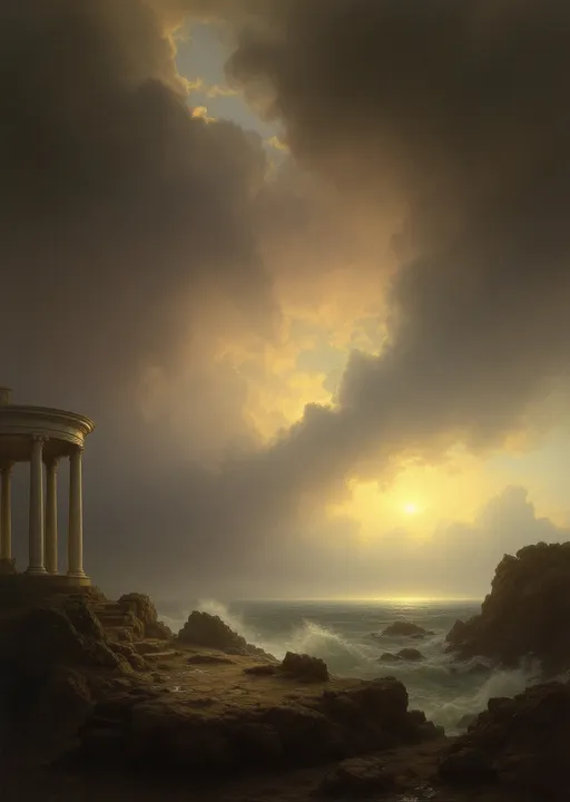 Prompt: White columns and arches , parlor chairs , rocks , mist, stormy ocean.
The most striking element is the sky . Thick, billowing clouds stretch across the sky, heavy and textured with tones of grey, brown, and hints of blue. These clouds seem to part just enough to reveal a glowing band of soft, golden-yellow light near the horizon, suggesting either a sunrise or a sunset. This light gently spills across the landscape, casting a muted radiance that enhances the depth and mystery of the scene. The style of 19th-century realism.
