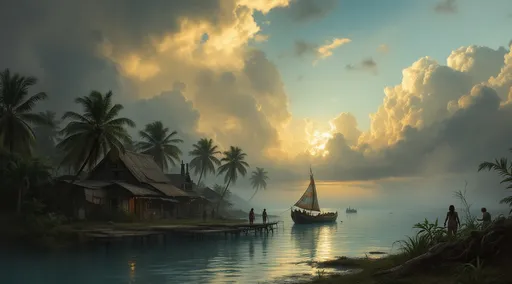 Prompt: A lagoon shallow turquoise water , leaning palms over water and lush tropical plants. Post-apocalyptic huts made of metal sheets, rags and wood on stilts over water. Mist. A boat with a patched sail. Men and women in tattered clothes. Billowing smoke from improvised chimneys. The most striking element is the sky . Thick, billowing clouds stretch across the sky, heavy and textured with tones of grey, brown, and hints of blue. These clouds seem to part just enough to reveal a glowing band of soft, golden-yellow light near the horizon, suggesting either a sunrise or a sunset. This light gently spills across the landscape, casting a muted radiance that enhances the depth and mystery of the scene. The style of 19th-century realism .