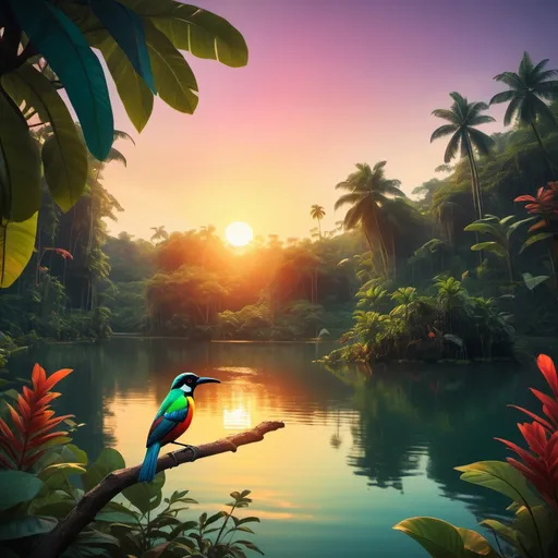 Prompt: a lake surrounded by jungle lit by the sunset. a brightly colored bird on a branch , brightly colors