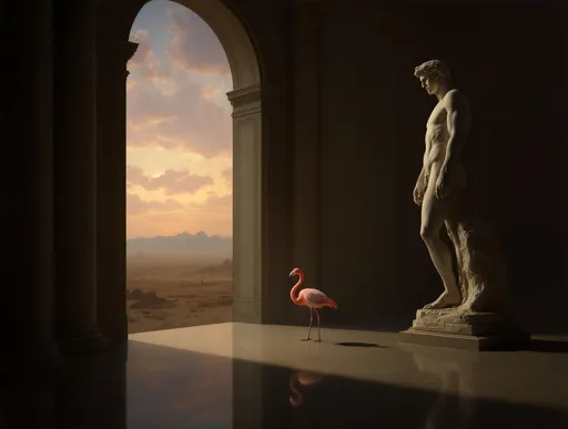 Prompt: A painting in the style of 19th-century realism. A hazy hall bathed in dim sunset light. A towering marble statue of David dominates the scene partially cropped and emerging from the right edge of the frame emphasizing its monumental scale. Marble, reflective floor. David's gaze is directed toward an immense arched window with ornate glass panes. Beyond the window stretches a vast desert landscape with distant mountains. The sky is filled with puffy, pink clouds at sunset casting an ethereal light in the room. Near the window stands a solitary flamingo balanced on one leg its head gently tucked beneath its wing. Columns. Sunset dim light filtering through the window. Dramatic lighting, surreal atmosphere. 