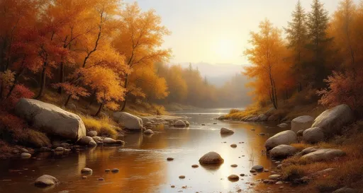 Prompt: A stunning landscape depicting a serene river scene during the autumn season in the style of 19th-century realism. The composition is rich with warm, earthy tones that capture the essence of fall in a forested environment.

The central focus of the painting is a gently flowing river or creek, its surface smooth and reflective, with slight ripples indicating a calm current. The water is shallow in some areas, revealing rounded rocks and stones scattered across the riverbed. Larger, smooth boulders are positioned along the banks and partially submerged in the water, contributing to the natural texture and rhythm of the scene.

On either side of the river, dense clusters of trees rise up, their foliage a brilliant mix of autumnal hues—fiery reds, golden yellows, soft oranges, and rich browns. The light from the sun, possibly in the late afternoon, bathes the entire scene in a golden glow. Sunlight filters through the treetops, illuminating the leaves and creating a luminous, almost ethereal atmosphere. The light also reflects off the water, enhancing the warm and tranquil mood of the painting.

In the distance, the forested hills roll gently upward, covered in layers of colored trees that fade softly into the blue sky. The sky itself is mostly clear, with a few fluffy white clouds catching the light of the setting (or rising) sun.

The entire scene is peaceful, timeless, and evocative of the quiet beauty of nature during the fall. The painting draws the viewer into a moment of stillness and reflection, surrounded by the vibrant, yet calming palette of autumn.