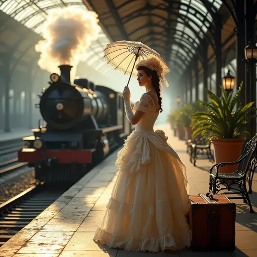 Prompt: A graceful Victorian lady stands on the platform of an elegant 19th-century train station . She wears a stunning   fitted corset and a Victorian white lace voluminous bustled skirt .A delicate hat adorned with lace and feathers sits atop her carefully braided hair . In her gloved hand she holds a small lace open umbrella over her head . The grand station features an ornate glass and wrought iron roof . A steam locomotive has just arrived releasing  a billowing cloud of steam through a valve near the wheels that swirls around the woman .A vintage  wooden suitcase on her foot . Large decorative pots filled with exotic plants on the platform and intricate wrought iron benches offer place to rest .The atmosphere is both nostalgic and cinematic evoking the elegance of the Victorian era . Golden sunlight