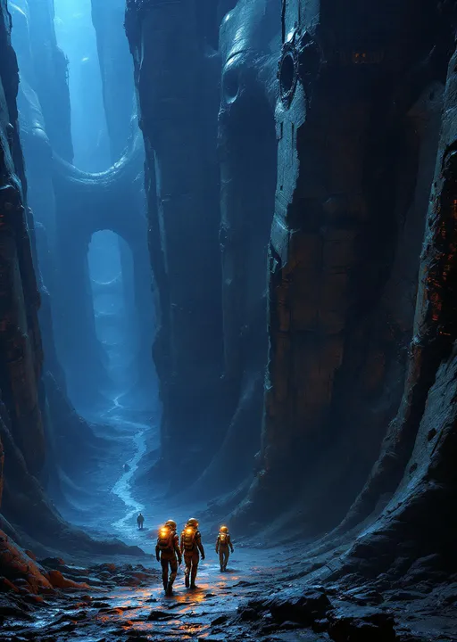 Prompt: An aerial view of three individuals wearing a combination of a samurai armor and a hockey suit space suits and helmet lights walk on the bottom of an enormous , towering , highly detailed , biomechanical , organic , wet and slimy canyon in the shape of a labyrinth reminiscent of the art style of H.R. Giger inside a massive , dark , alien derelict lit by a dim blue light . The surface of the labyrinth canyon is composed of a series of large , rib-like vertical structures or conduits that curve smoothly toward the bottom blending into the floor . Each "rib" appears to be made of a dark , metallic or stone-like material with subtle greenish-brown hues and a slightly weathered texture.
Between the ribs intricate mechanical panels with symmetrical patterns , grooves and recesses can be seen contributing to the industrial yet organic look. Several of the ribs are wrapped or reinforced by what appear to be segmented clamp-like structures adding to the structural complexity. Some ribs stand out due to their larger size and different surface texture appearing more worn and slightly reddish with circular and rectangular details suggesting interfaces or ports . These central elements may serve a functional or symbolic purpose possibly indicating a conduit or vent .
The overall aesthetic is dark, moody and alien evoking the interior of a derelict spacecraft or biomechanical facility. The detailing suggests a fusion of organic and synthetic elements reinforcing a sense of both technological advancement and eerie decay . Inside the derelict is dark the only lights visible are the helmets light spots projected on the walls .  Mist. The entire scene is shrouded in mist which drifts gently on the canyon bottom . Puddles of water . The three individuals are dwarfed, barely visible at the bottom of the massive canyon with their lights on .