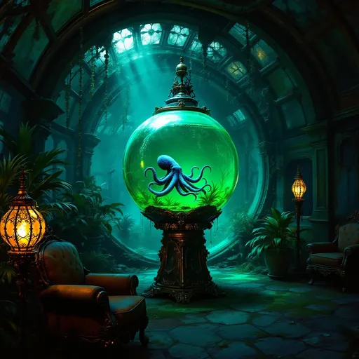 Prompt: A painting in the style of 19th-century realism. An underwater, abandoned and eerie-looking dark hideout with gothic and steampunk-inspired architecture. A floating octopus, barely visible inside a spherical aquarium filled with glowing green murky water. The aquarium is embedded in a steampunk bronze stand shaped like an ornate seashell. Pots with lush tropical plants. The room is dimly lit with a bluish-green glow filtering through stained glass windows and a dirty curved glass ceiling with ornate wrought iron frames covered in algae and grime. The atmosphere is mysterious with foggy light beams piercing through the air. Ornate, antique lamps shaped like seahorses stand in the foreground covered in rust and marine growth. Steampunk sofas and armchairs. Dark-cyan fog.