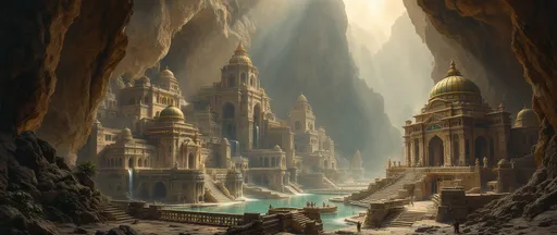 Prompt: A painting in the style of 19th-century realism. An immense misty cavern with a monumental, intricately detailed stone fortress or temple complex built directly into the rock walls. The architecture is massive and ancient in style resembling a blend of Indian and Middle Eastern influences with domed rooftops, arches, columns, terraces and elaborately carved facades. Waterfalls. A turquoise lake. The structures are arranged in layers with stairways, elevated platforms and statues positioned at key points giving the impression of a once-grand civilization hidden within the mountain. A large, ornate building with a green-and-gold domed roof stands prominently on the right while other multi-storied stone halls extend deeper into the  cavern. The setting is dramatic: beams of sunlight filter down from an opening high above illuminating parts of the stone architecture while leaving other sections shrouded in shadow. The scale of the surrounding cavern is vast with jagged rock walls towering high above the buildings emphasizing the fortress's isolation and mysterious grandeur.