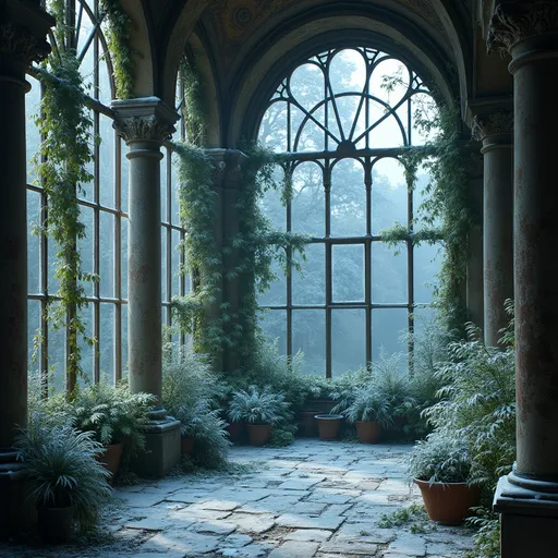 Prompt: An abandoned ruined Victorian indoor garden in winter with columns and large arched glass windows and ornate wrought-iron frames , covered in frost and snow , delicate ice covered lushy vines hanging from the ceiling , lushy climbing frosted plants , soft light streaming through tall arched windows , a mystical and serene atmosphere , intricate stonework and frosted plants filling the space , the stone floor is dusted with snown , pots with frosted plants , ethereal and dreamy winter ambiance , a blue light comes from the ruined ceiling