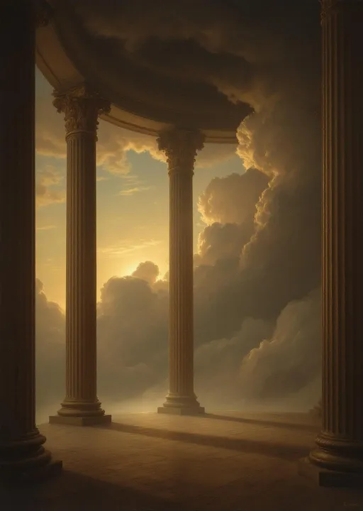 Prompt: A perspective from the interior of a palace with tall columns . Mist . The most striking element is the sky . Thick, billowing clouds stretch across the sky, heavy and textured with tones of grey, brown, and hints of blue. These clouds seem to part just enough to reveal a glowing band of soft, golden-yellow light near the horizon, suggesting either a sunrise or a sunset. This light gently spills across the landscape, casting a muted radiance that enhances the depth and mystery of the scene. The style of 19th-century realism.