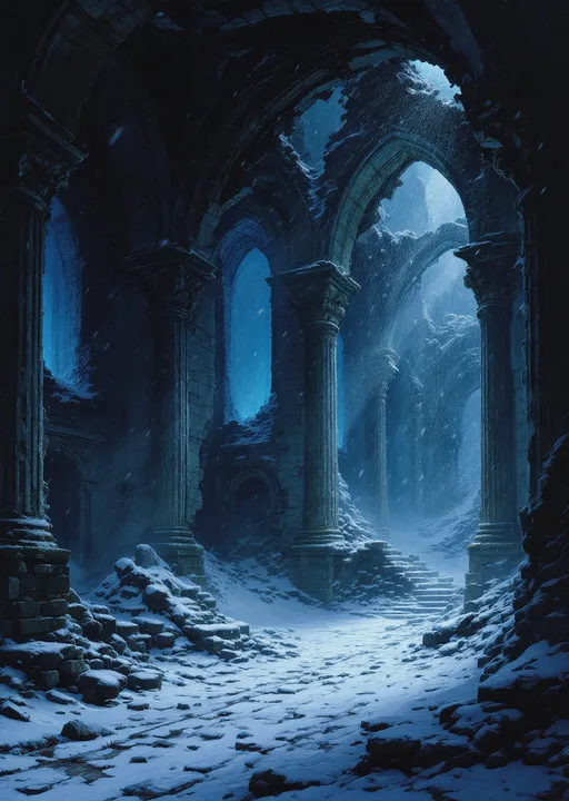 Prompt: The snow-powdered dark hall of a  dark, ruined castle with collapsed roof allowing heavy snowfall to pour inside. Arched  windows let in a cold blue light . Columns . Statues .  Mist. Snow blown by the wind.  Haunting, ethereal beauty . Night . Mysterious atmosphere. The style of 19th-century realism.