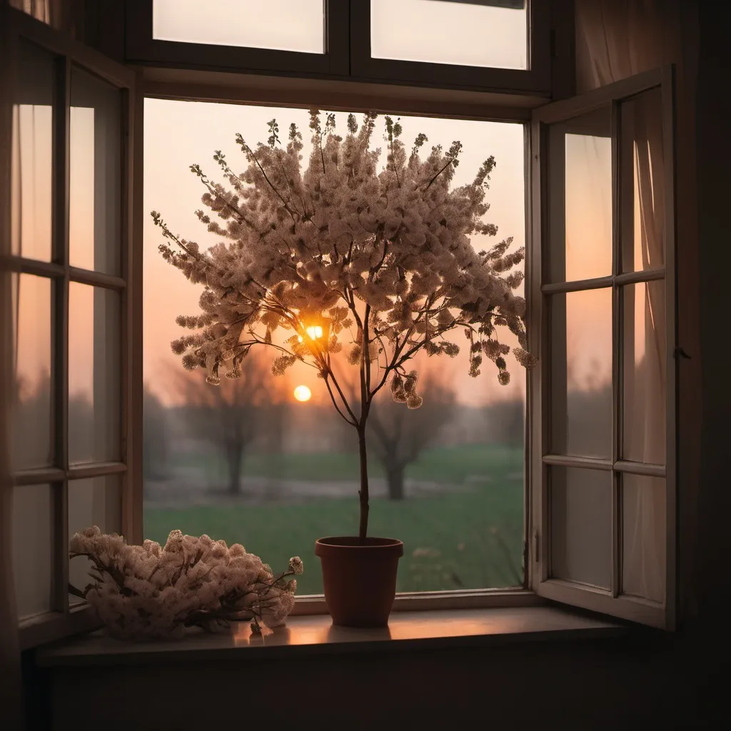 Prompt: soft and dim sunset light enters the window of a simple room. Outside we can see a flowering tree. Sad and melancholic atmosphere