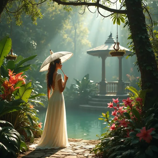 Prompt: A lush tropical garden . A woman in a flowing Victorian white dress and a wide-brimmed hat stands gracefully holding a white lace small umbrella as she admires the blooming flowers . Tropical plants and flowers . Ficuses and philodendrons . Orchids and plumerias . A pond . A gazebo . A lyre bird perched on a branch . Sunlight . Mist.