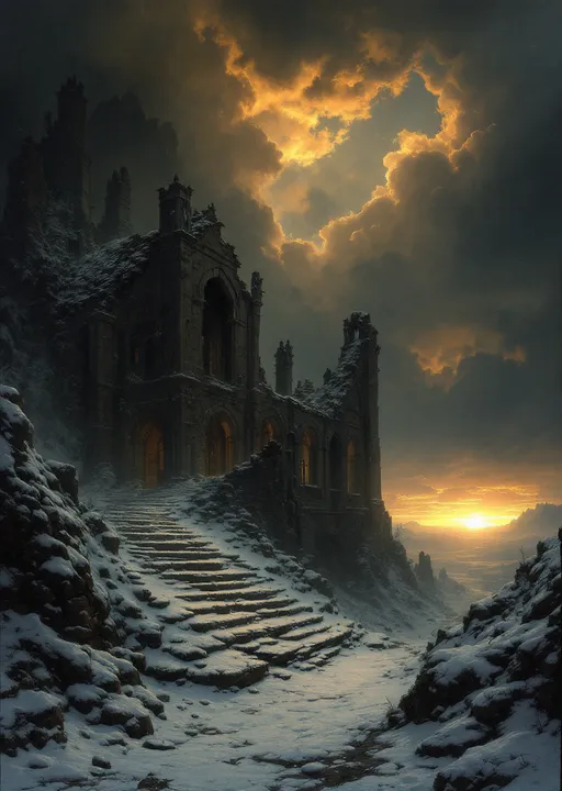 Prompt: The snow-powdered dark hall of a  dark, ruined castle with collapsed roof allowing heavy snowfall to pour inside. Arched  windows let in a cold, dim sunset light . Columns . Statues .  Mist. Snow blown by the wind.  Haunting, ethereal beauty . Night . Mysterious atmosphere.  The most striking element is the sky . Thick, billowing clouds stretch across the sky, heavy and textured with tones of grey, brown, and hints of blue. These clouds seem to part just enough to reveal a glowing band of soft, golden-yellow light near the horizon, suggesting either a sunrise or a sunset. This light gently spills across the landscape, casting a muted radiance that enhances the depth and mystery of the scene. The style of 19th-century realism.