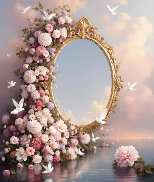 Prompt: A painting in the style of 19th-century realism. A dreamlike scene with a strong romantic and fantastical aesthetic. At the center, on water stands a large vertically oriented oval frame notably thin and delicate richly ornamented and gilded resembling an elaborate baroque or rococo mirror. White birds flying. The upper part of the frame is crowned with intricate carved details - scrolls, floral motifs and a central decorative crest - executed in warm gold tones that catch the soft light. The left and lower portions of the frame are engulfed by an abundant cascade of a mix of flowers in colors of pink, lilac, lavender, red  interwoven with delicate greenery. The floral arrangement appears lush, overflowing and almost sculptural as if nature is slowly reclaiming the ornate object. The flowers vary in size and texture with soft petals layered densely against one another. The background reveals a tranquil pastel sky transitioning from soft lavender and pale blue to warm peach and pink hues. Fluffy, pale pink light clouds are scattered across the sky. 
The frame stands at the edge of a calm, glassy, mirror-like body of water. The reflection is slightly softened giving the surface a dreamy, ethereal quality. Beyond the frame we can see the ocean.
In the upper right portion of the image several white birds are captured mid-flight. Sunlight. 