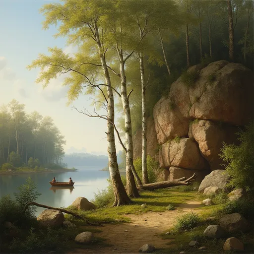 Prompt: A detailed and atmospheric landscape  likely in the style of 19th-century realism. The scene portrays a tranquil forested area with a rocky cliff, a calm body of water, and a soft, diffused light creating depth and warmth.
The foreground is rich with vegetation, including lush green grass, moss, and small plants growing among scattered rocks and fallen branches. There are a few slender birch trees with white, textured bark, their delicate trunks curving slightly as they reach upward. The ground appears slightly damp and shaded, with patches of sunlight filtering through the dense canopy of trees.
The middle of the landscape features a prominent rock formation—large, rugged cliffs with earthy tones of brown, gray, and hints of red. The rocks are partially covered with greenery, and some areas appear weathered or eroded. A fallen tree trunk rests against the rocks, adding a natural element of decay and renewal.
To the left, a break in the tree line opens to a calm lake or river. Two figures in a small wooden boat are paddling across the water, dressed in simple clothing. Their presence gives a sense of scale to the landscape and adds a human element to the otherwise untouched wilderness.
The background consists of a distant tree line bathed in soft, golden light, suggesting either early morning or late afternoon. The sky is painted with subtle hues of blue and light clouds, giving a serene and peaceful atmosphere. The trees in the distance are slightly blurred, adding a sense of depth and realism.