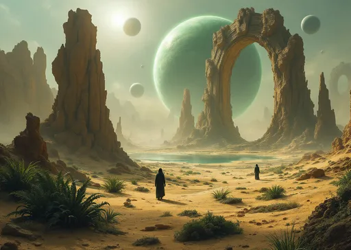 Prompt: A vast desert of sand dunes . Scattered , solitary , twisted , strange, tall, arched,  brown , portal rocks . A lake. Lush extraterrestrial, carnivorous and monstruous plants.  A giant ruined, alien, derelict temple. A giant, ringed, gaseous, green planet with huge satellites barely visible in the misty blue sky. Mist. Sunlight.