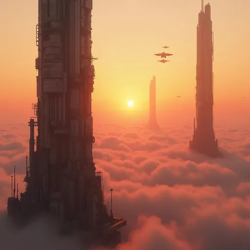 Prompt: An impressive sci-fi landscape dominated by colossal towering megastructures rising above a sea of reddish-orange-pink smeared clouds . The sun positioned near the horizon casts a diffuse and warm light creating an enigmatic atmosphere with golden and reddish tones in the dense air . In the foreground a massive, towering , imposing , sleek and thin building rises near the edge of the image. Its surface is covered with complex metallic structures, panels and industrial details suggesting an advanced vertical metropolis. The edges are sharp and the architectural details are minimalist yet functional evoking a cyberpunk or futuristic brutalist style . In the background two other colossal thin megastructures emerge from the smeared atmospheric haze offering a sense of depth and vastness . Thin lines enhance the feeling of advanced technology . In the sky swarms of small spacecrafts fly in precise formation indicating an extremely organized and technologically superior civilization . Overall the scene conveys an atmosphere of isolation but also technological grandeur . Reddish-orange-pink smeared mist . Sunset.