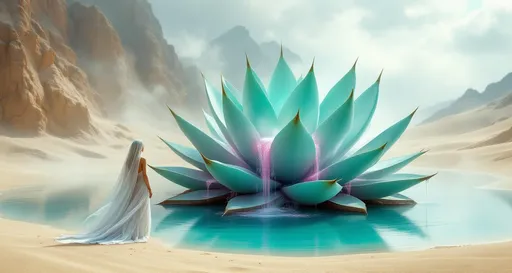 Prompt: Sand dunes . A goddess dressed in flowing white veils stands gracefully gazing at a giant , magical turquoise agave with coiled leaves that grows in a turquoise lake. Mist. A cascade of pink liquid flows down the agave's leaves creating an ethereal atmosphere . Steam rising from the agave . Sandy cliffs. The entire scene is shrouded in mist with clouds drifting gently above the sand .