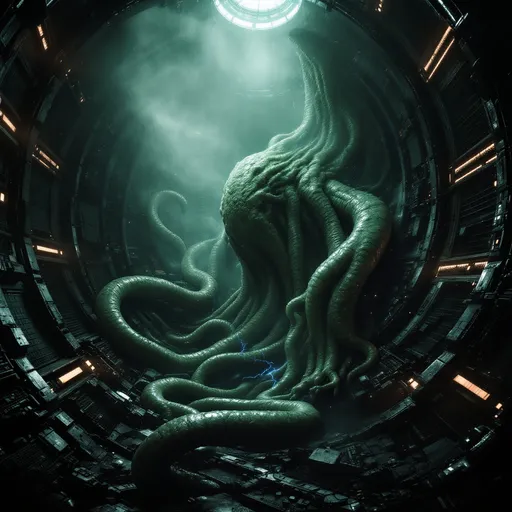 Prompt: An alien, slimy, massive organism growing in the 
dark, cylindrical, sci-fi massive ventilation shaft with walls covered in intricate panels, pipes and scattered orange lights. Dim light coming from above . Mist . Blue electrical discharges .