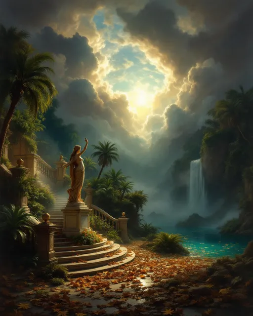 Prompt: A frontal perspective with the statue of Venus surrounded by lush, tropical plants and palms . Grand staircases with ornate stone balustrades .  A dense carpet of withered leaves on the ground . Mist. A waterfall . A turquoise pool covered with floating withered leaves . The most striking element is the sky . Thick, billowing clouds stretch across the sky, heavy and textured with tones of grey, brown, and hints of blue. These clouds seem to part just enough to reveal a glowing band of soft, golden-yellow light near the horizon, suggesting either a sunrise or a sunset. This light gently spills across the landscape, casting a muted radiance that enhances the depth and mystery of the scene. The style of 19th-century realism.