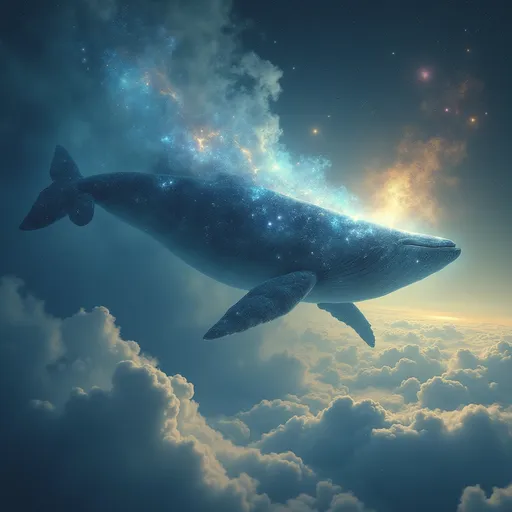 Prompt: A surreal , dreamlike scene with a massive celestial whale floating in space its body blending with the Cosmos above a sea of swirling , ethereal clouds . The background features a starry , night sky with nebula-like colors including deep blues , bright yellows and whites creating a cosmic atmosphere . The scene has a magical , otherworldy feel. 