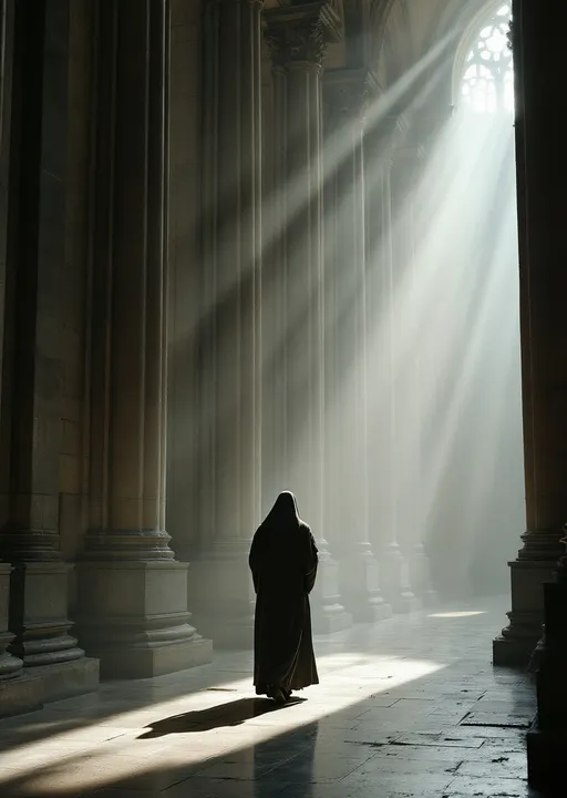 Prompt: A hooded Franciscan monk walking with his head bowed and hands clasped passing by massive stone columns inside a grand cathedral. Mist.  Sunrays filtering through tall, arched windows .