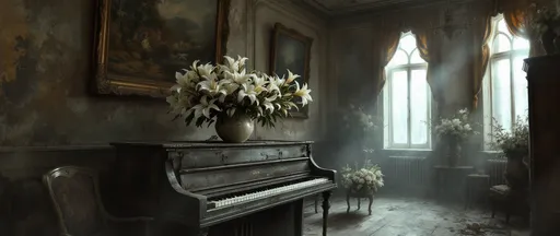 Prompt: A painting in the style of 19th-century realism. A dusty old piano with missing keys in a dusty, hazy, abandoned Victorian parlor. The walls have peeling paint, the furniture is aged and covered in dust. Faded, weathered paintings hang on the walls. On the top of the piano rests a vase filled with white lilies. The atmosphere is moody and melancholic. Vases with lavish bouquets of flowers. Dim light filtering through tall, dirty windows.