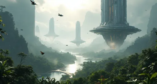 Prompt: A breathtaking fusion of untouched natural beauty and advanced futuristic civilization, likely from a science fiction or fantasy world.
The foreground of the image is dominated by a dense, verdant, lush tropical forest and diverse undergrowth. Birds and flying creatures are scattered through the air, enhancing the sense of a thriving, untouched ecosystem.

As the eye moves toward the background, a river or lake winds peacefully through the forested valley, reflecting the sunlight and adding depth to the landscape. The water glistens subtly, leading the viewer’s gaze toward the far distance, where the image takes a dramatic turn.

Rising out of the misty horizon are several colossal, futuristic structures—tall, sleek towers that suggest advanced architecture and technology. These buildings are partially obscured by fog and sunlight, giving them an ethereal quality. They appear to be floating above or integrated seamlessly into the forest below. Some structures hover in mid-air, supported by unknown technology, while others are built on platforms that rise high above the treetops.

In the sky, various flying vehicles or drones can be seen, traveling between the structures or hovering above the landscape. These craft add a sense of motion and life to the futuristic city, implying a highly developed and interconnected society.

Despite the technological marvels, the natural world dominates the scene, suggesting a harmonious coexistence between nature and civilization. 

The most striking element is the sky . Thick, billowing clouds stretch across the sky, heavy and textured with tones of grey, brown, and hints of blue. These clouds seem to part just enough to reveal a glowing band of soft, golden-yellow light near the horizon, suggesting either a sunrise or a sunset. This light gently spills across the landscape, casting a muted radiance that enhances the depth and mystery of the scene. The style of 19th-century realism .

