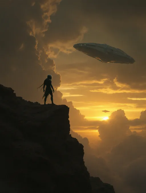 Prompt: An extraterrestrial humanoid warrior on a rocky cliff. A squid like extraterrestrial spaceship in the sky . Storm clouds .
The most striking element is the sky  . Thick, billowing clouds stretch across the sky, heavy and textured with tones of grey, brown, and hints of blue. These clouds seem to part just enough to reveal a glowing band of soft, golden-yellow light near the horizon, suggesting either a sunrise or a sunset. This light gently spills across the landscape, casting a muted radiance that enhances the depth and mystery of the scene.



