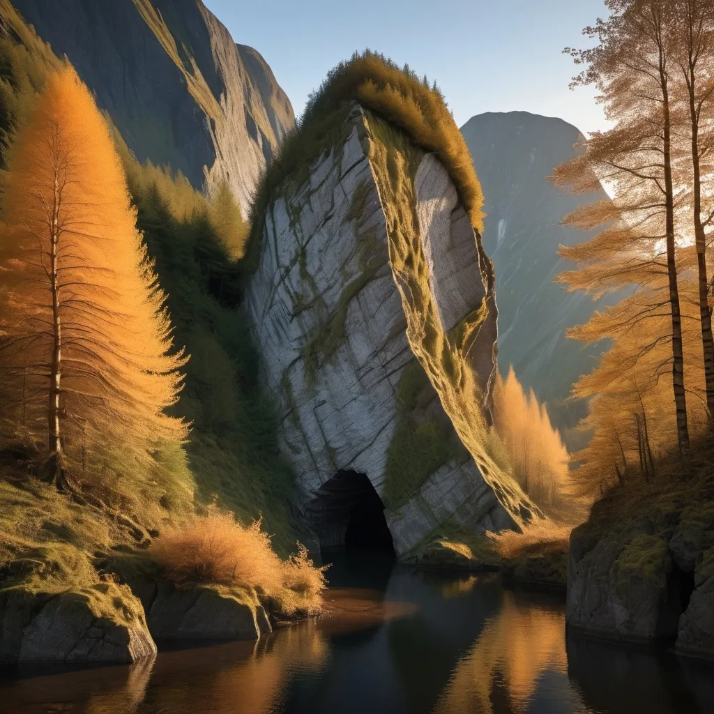 Prompt: high rock hollowed by water from one side to the other covered with shrubs and larch trees lit by sunet