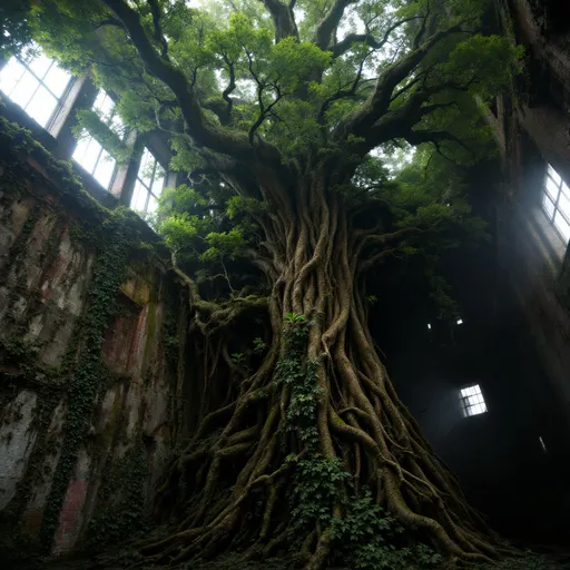 Prompt: A massive, gnarled and lush tree with an intricate web of roots growing inside a ruined, vast, dark, industrial chimney where light  barely penetrates. Mist. Walls covered in creeping vines and moss .